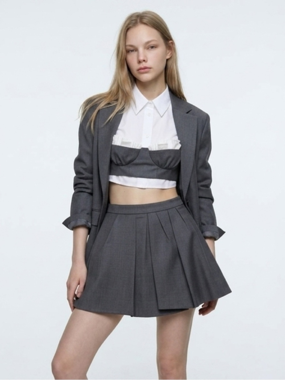 Shushu/Tong Grey Irregular Pleated Skirt & Spaghetti Strap Bralette Top - Picture 2 of 16